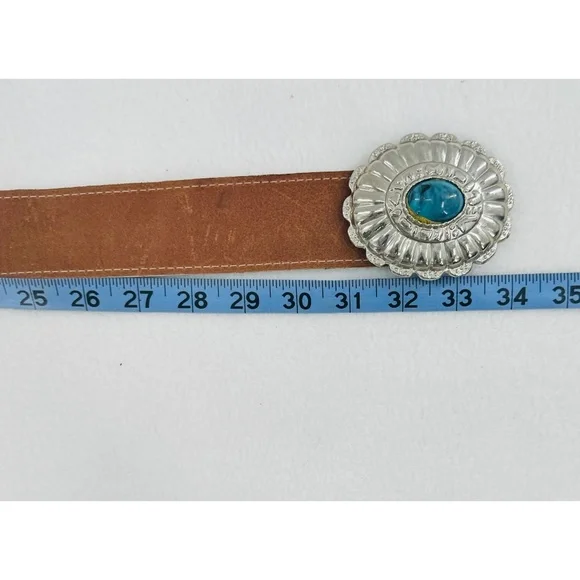 Brown Leather Belt w/ Silver Belt Buckle with Faux Gem. - Picture 4 of 5